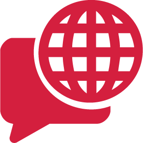 Icona con globo e fumetto – simboleggia la collaborazione multilingue e internazionale nel settore della ristorazione con CalcMenu.